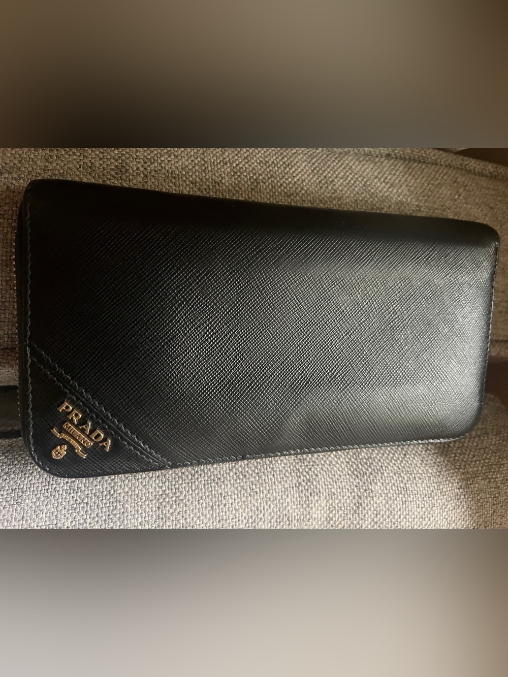 Prada Black Leather Saffiano Zip Around Long Wallet